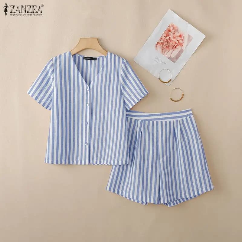 ZANZEA Completo Estivo Elegante da Donna con Blusa a Maniche Corte e Scollo a V e Pantaloncini, Set 2 Pezzi Tuta Sportiva a Righe per Vacanze 2026