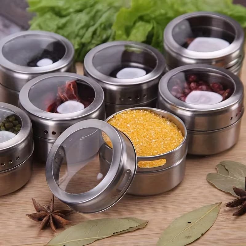 Set di Barattoli Magnetici per Spezie da Parete in Acciaio Inossidabile con Coperchi e Piccoli Fori per Spruzzare, Antiruggine e Facili da Pulire