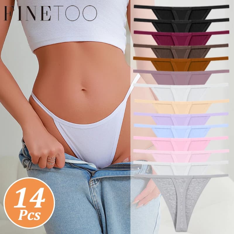 FINETOO 14Pcs Women Thin Strap Bikini Panties Soft Combed Cotton Low Rise Elastic Minimal Underwear Solid Color Breathable Ladies Intimates