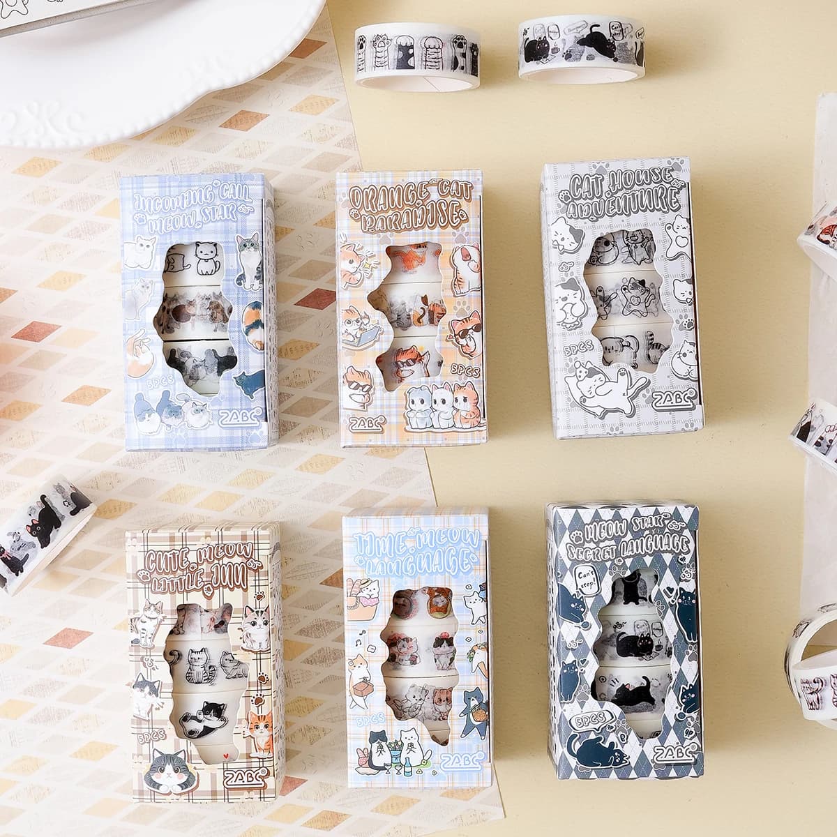 5 Rolls of Animal Pattern Washi Tape Set, Creative Cat Pattern DIY Manual and Scrapbook Decorative Tape