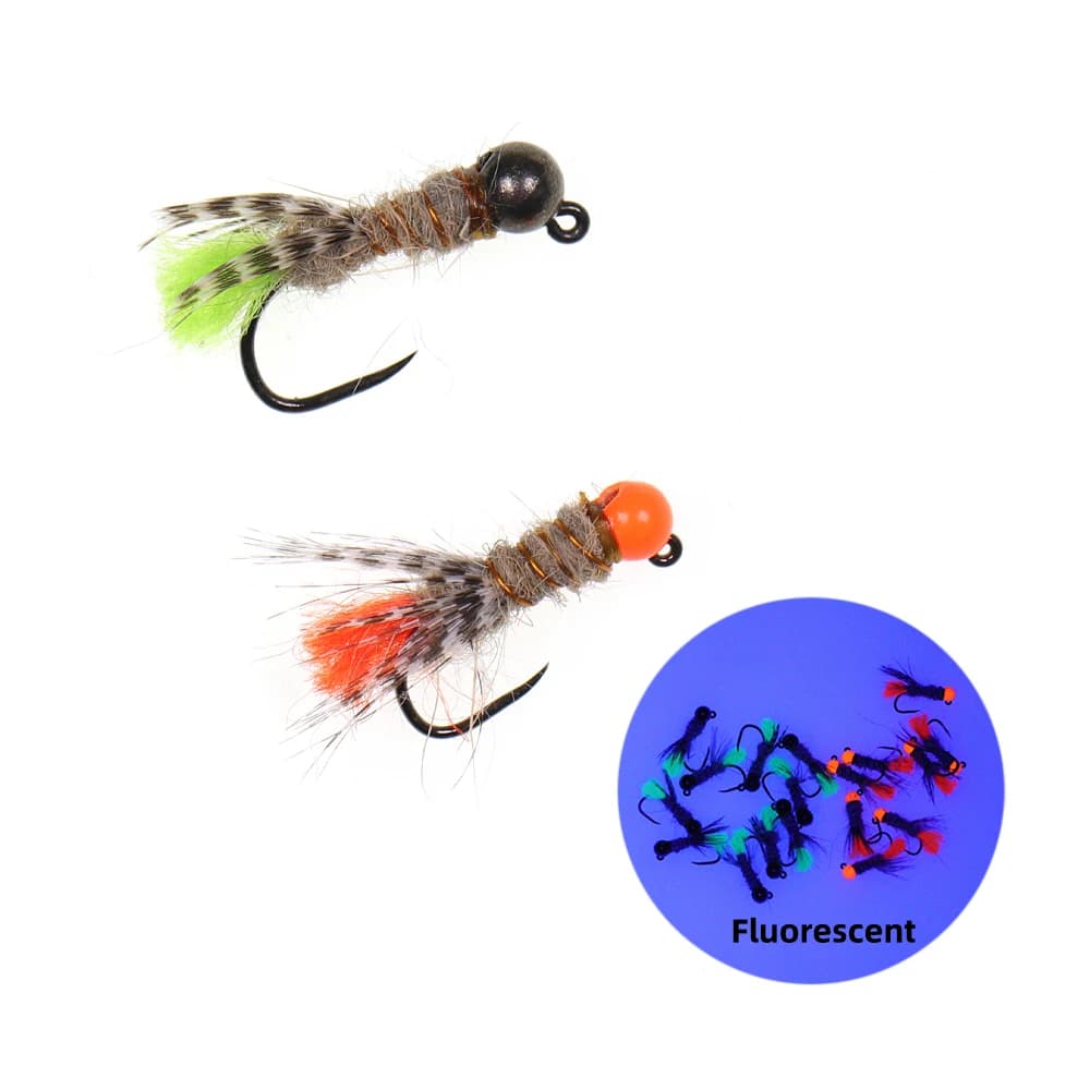 6 pezzi 12 # 14 # Mosche Artificiali Hare's Ear Dub Jig Nymph con Testa a Sfera Scanalata e Ami da Jigging Senza Ardiglione per la Pesca a Mosca di Trota, Spigola e Steelhead