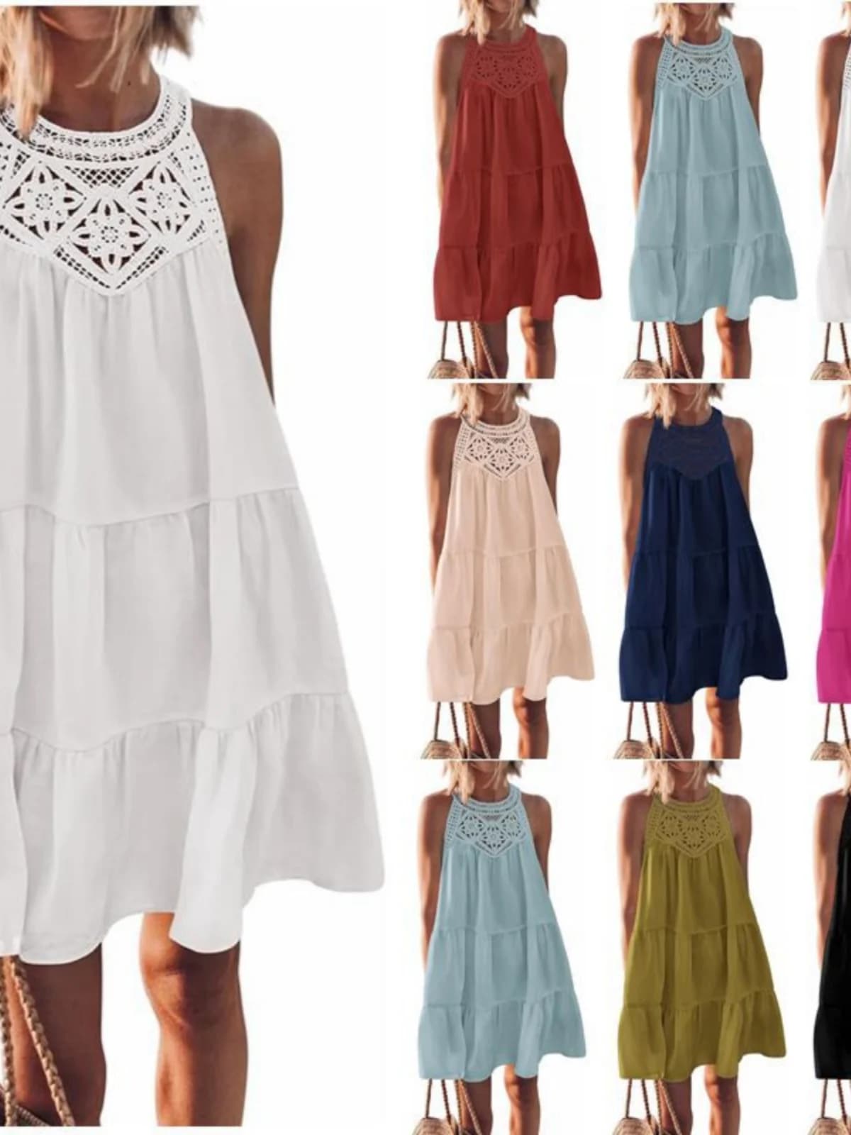 Elegant Summer Women's Hollow Lace Hanging Neck Short Dress Polyester A-Line Skirt Sleeveless Casual Basic Style Pure Color