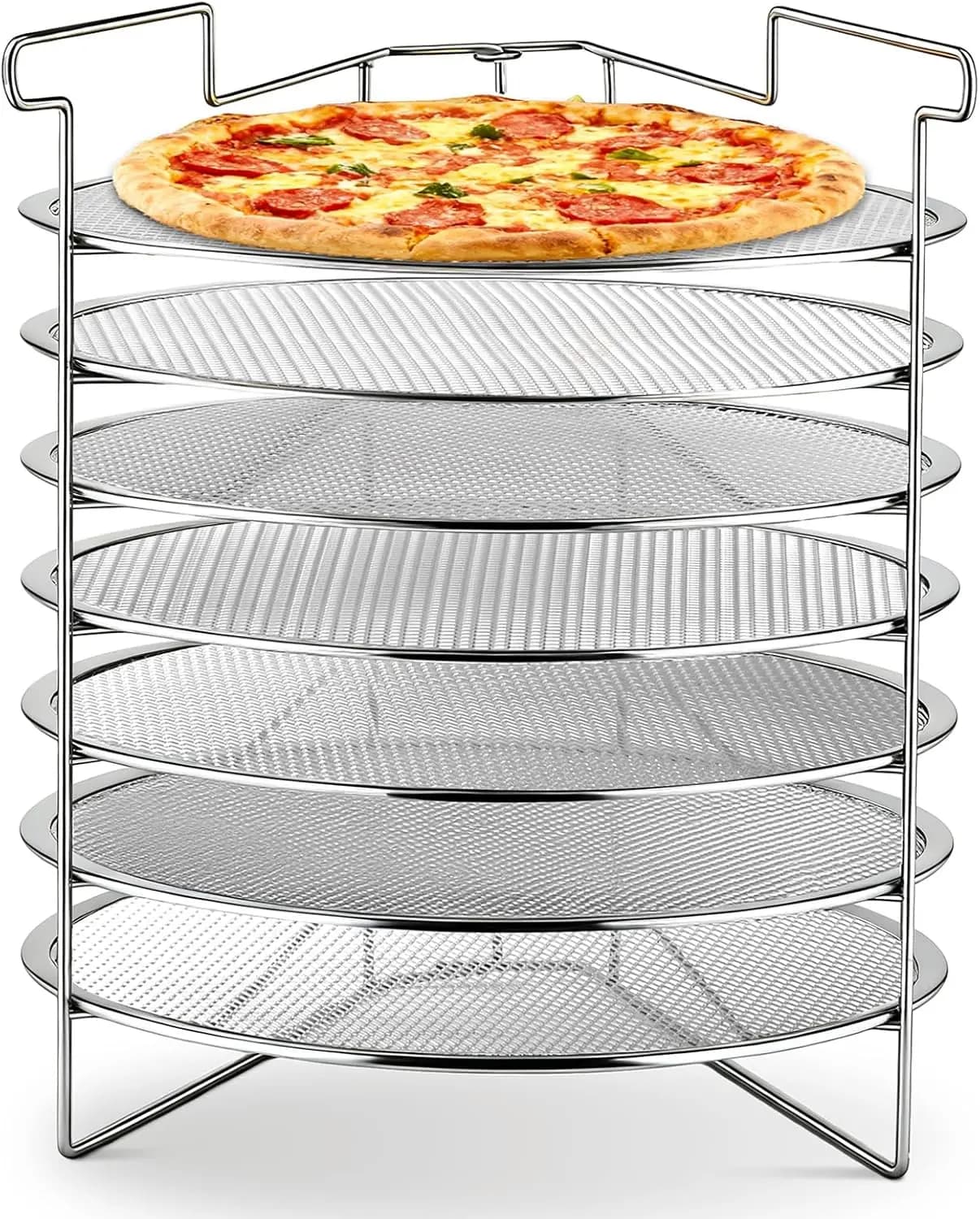 Supporto Pieghevole per 7 Teglie da Pizza con 7 Griglie da 14 Pollici per una Conservazione Compatta, Comoda e Semplice, per Casa