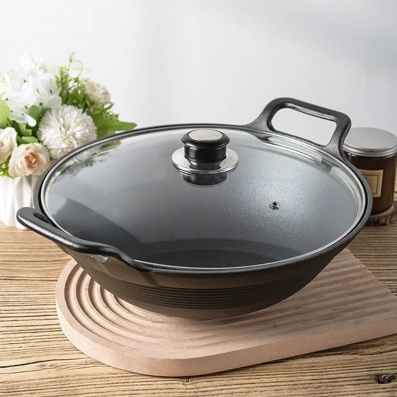 Cast iron pan, uncoated pure iron, double ear, round bottom, large, deepening, old style, for the house