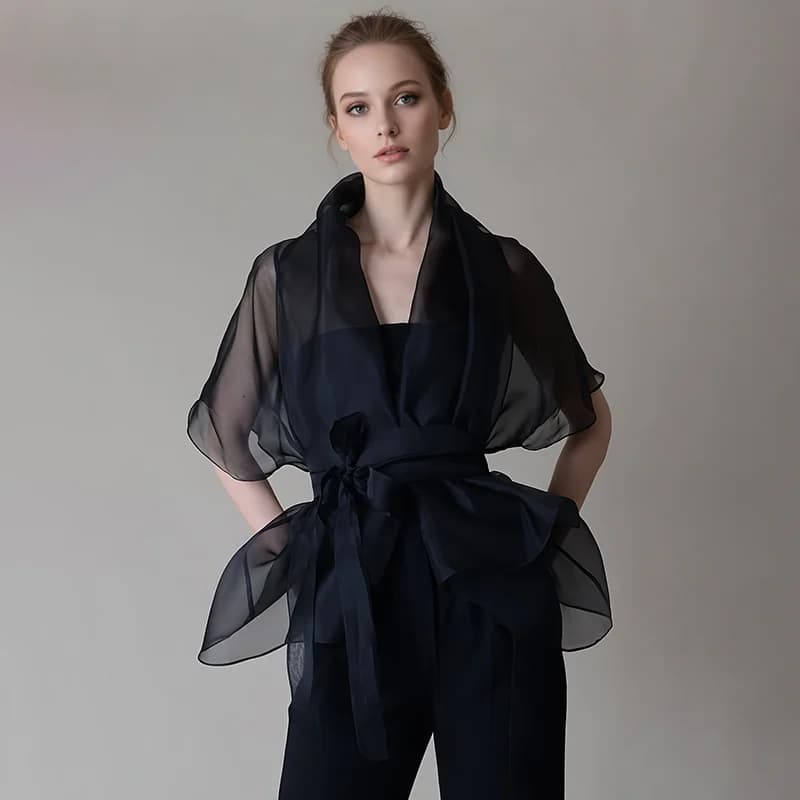 Women's mesh organza shirt with high neck, fastening, transparent V neck, elegant American retro style, half sleeve, strong sizes