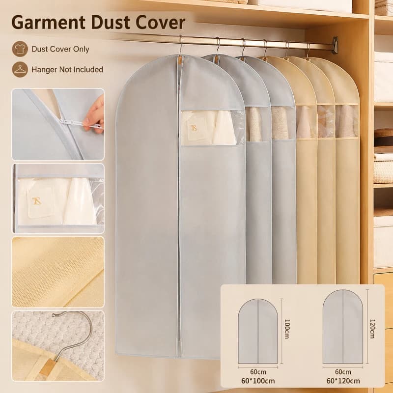 Garment Cover Dust Bag Non Woven Hanging Clothes Protector with Clear Window Zipper for Coat Dress Wardrobe Storage Home Closet