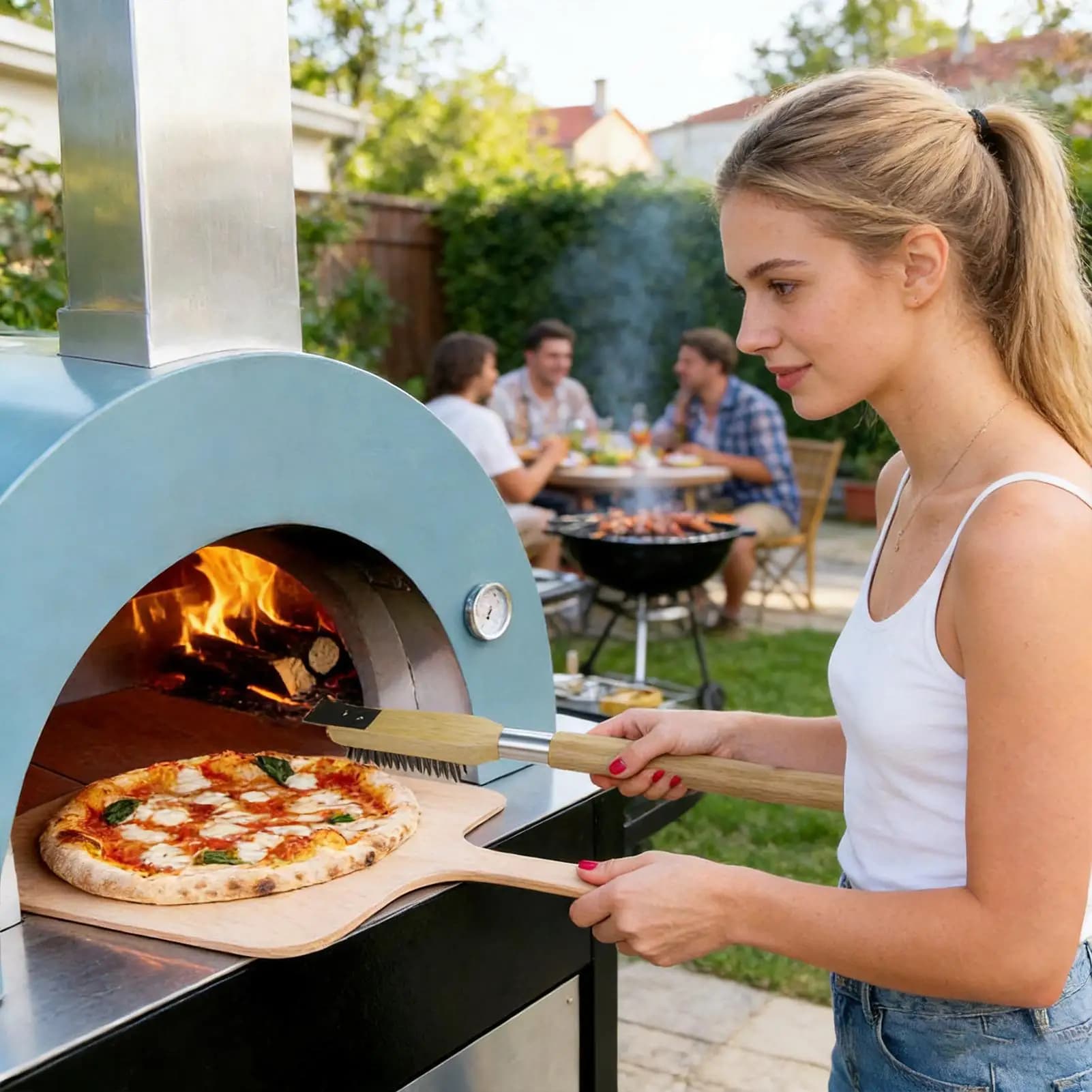 Spazzola per pietra refrattaria con manico lungo e raschietto per la pulizia di forni per pizza, barbecue, griglie, piani cottura e padelle da cucina