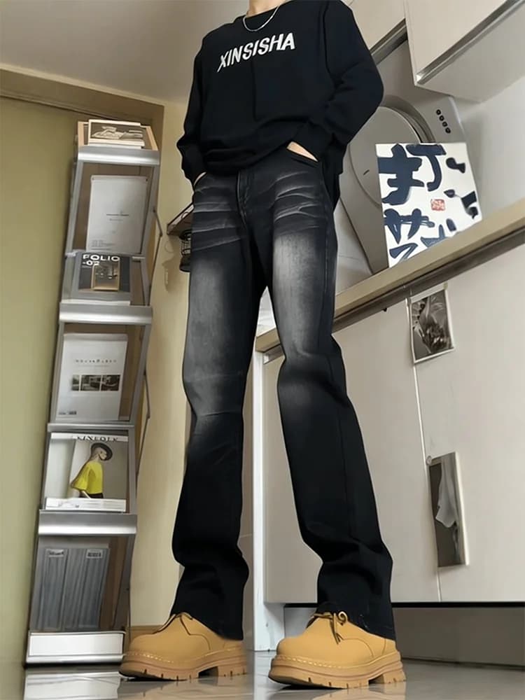 Graduated Wash Denim Jeans Men's American High Street Vibe Straight Leg Stretchy Slimming Flared Long Trousers Pattern