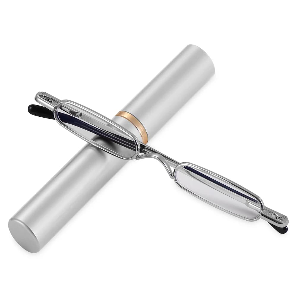 Occhiali da vista con cerniera a molla con custodia con clip portatile Occhiali da lettura con penna sottile con custodia per tubo con clip per penna Lettori di occhiali da lettura sottili