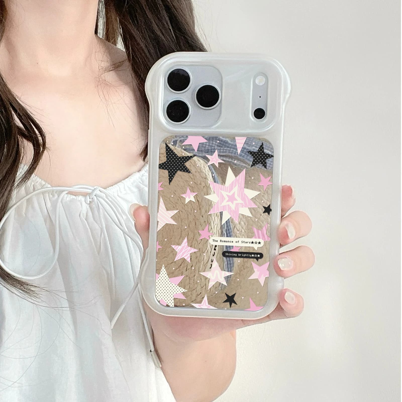 Kawaii Mixed Pattern Pink Black Star Mirror Phone Case White Wavy Edge Soft TPU Anti-Fingerprint Cover For iPhone 13-17 Pro Max