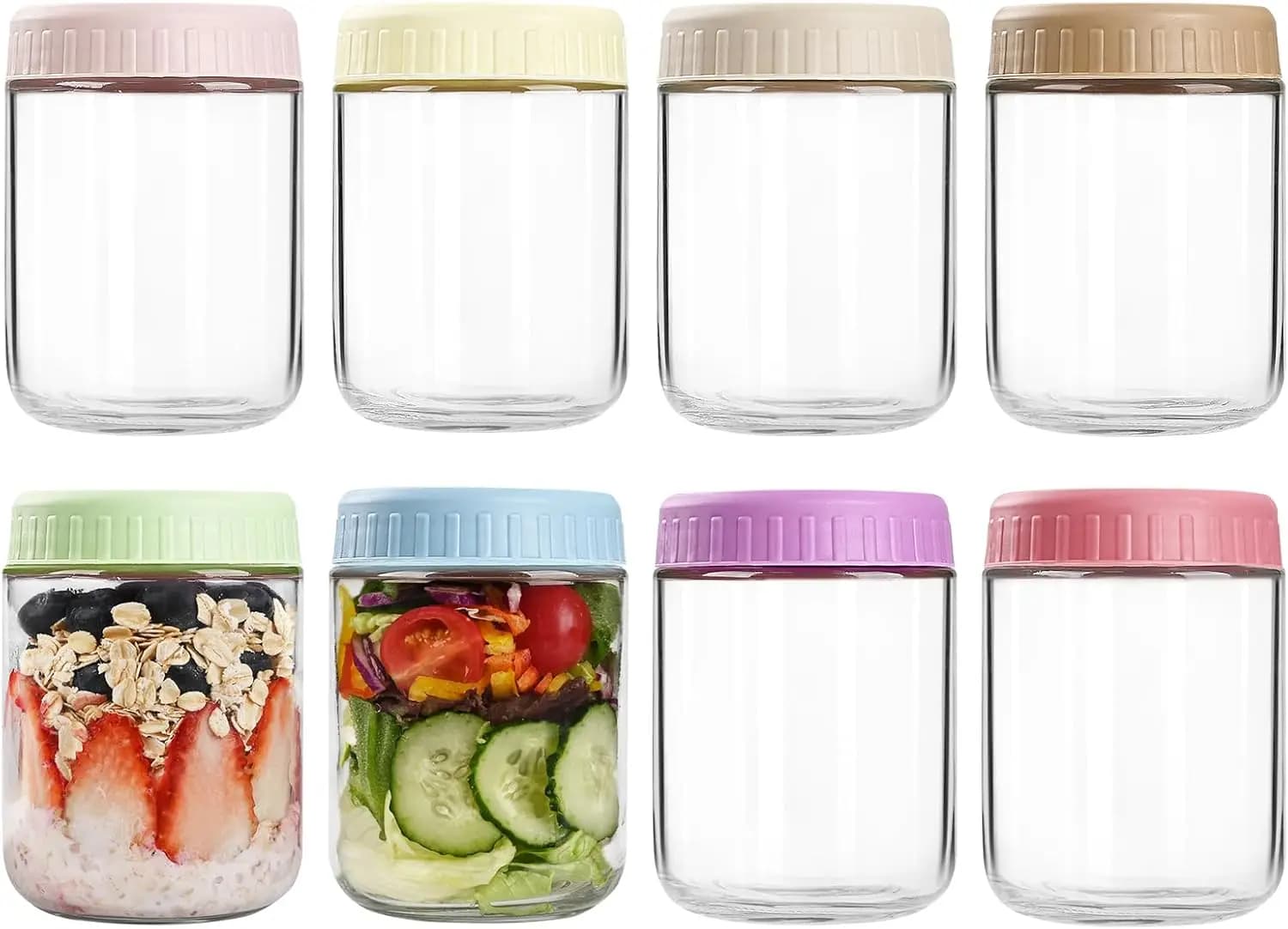 Contenitori per Overnight Oats con coperchi, barattoli in vetro da 16oz con coperchi, 8 pezzi, barattoli a bocca larga per insalata, yogurt, snack, preparazione dei pasti