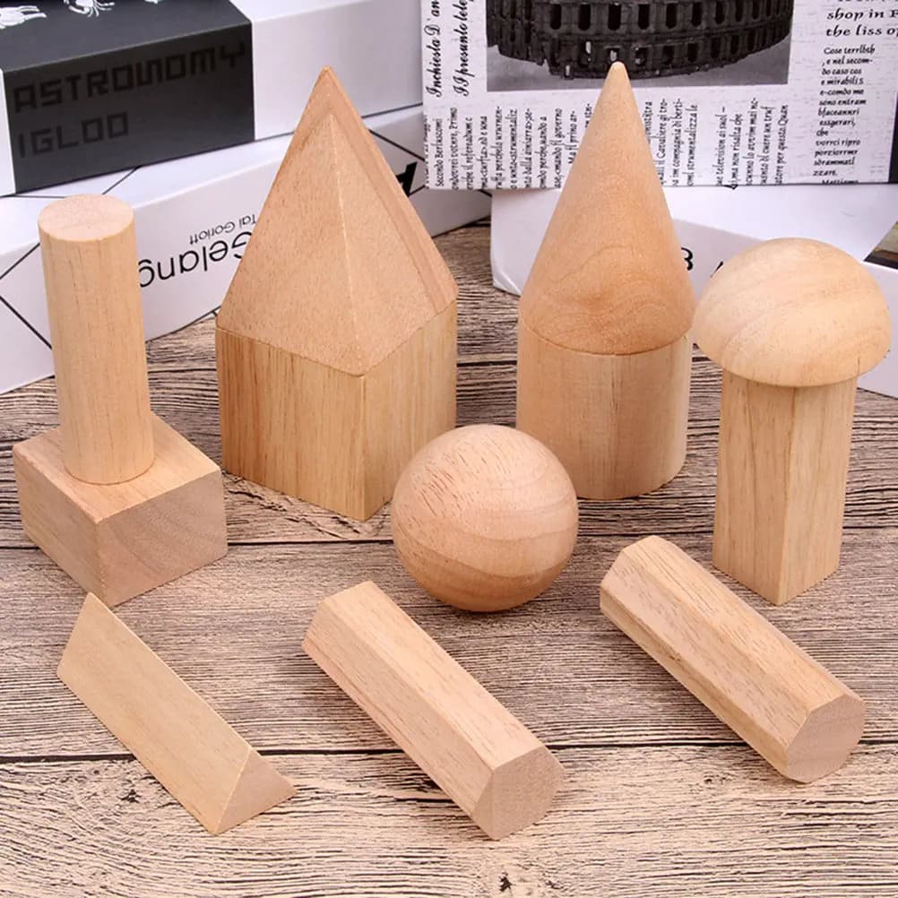 Set Educativo di 12 Blocchi Geometrici in Legno, Solidi e Lisci, per l'Introduzione ai Concetti di Matematica, Simmetria, Perimetro, Area e Volume per Bambini