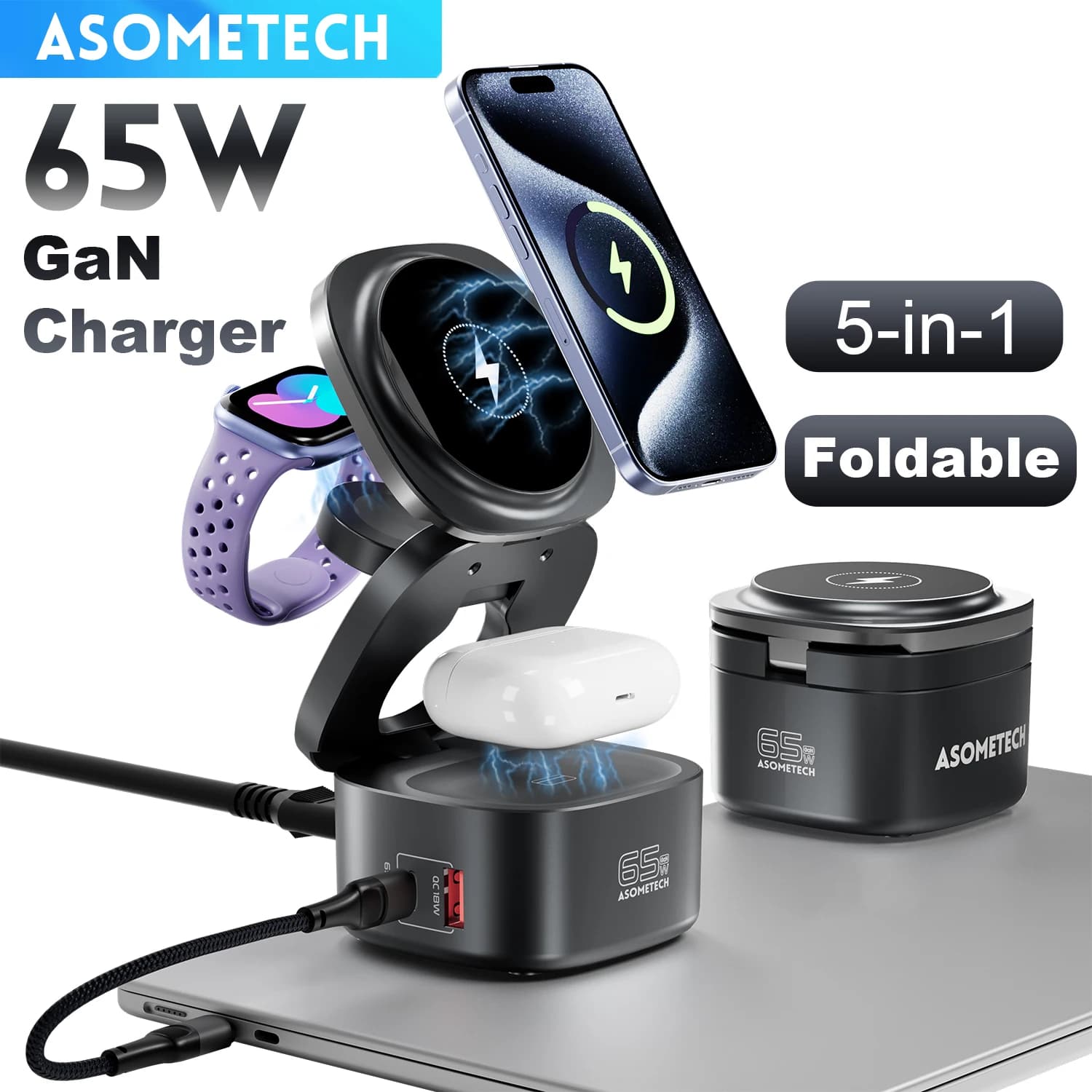 5 in 1 Wireless Charger Magnetic Support for iPhone 16/15/14 65W GaN Dock Fast charging station for MacBook Apple Watch AirPods