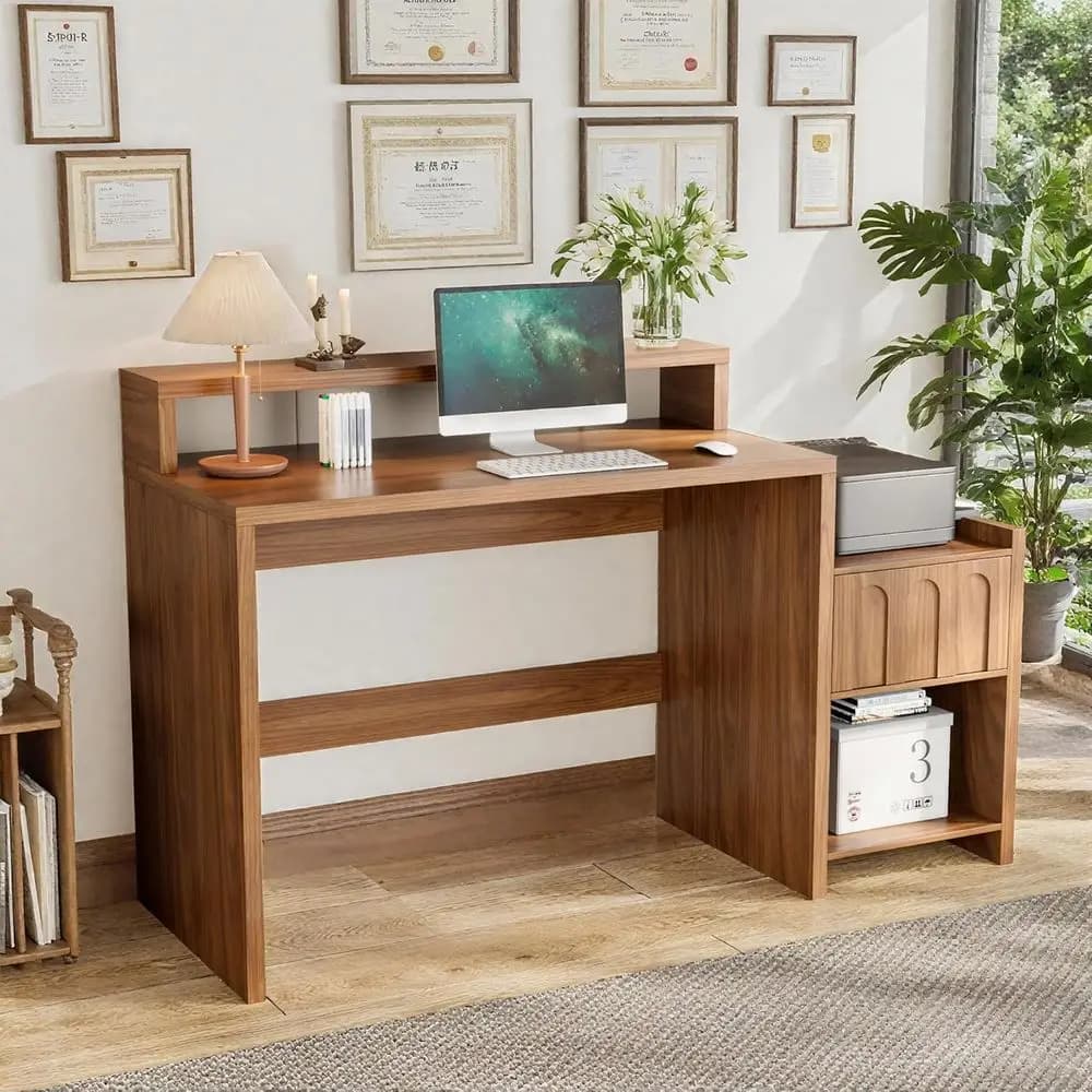 60 Inch Walnut Executive Desk with Drawer, Printer Shelf, Storage, Monitor Stand for Home or Office Use