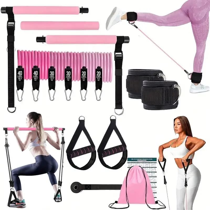 Multifunctional Pilates Bar Kit with Elastic Resistance Bands Adjustable Stretching Pilates Board Home Gym Workout Equipment Full Body Strength Training Yoga Portable Fitness Exercise Gear