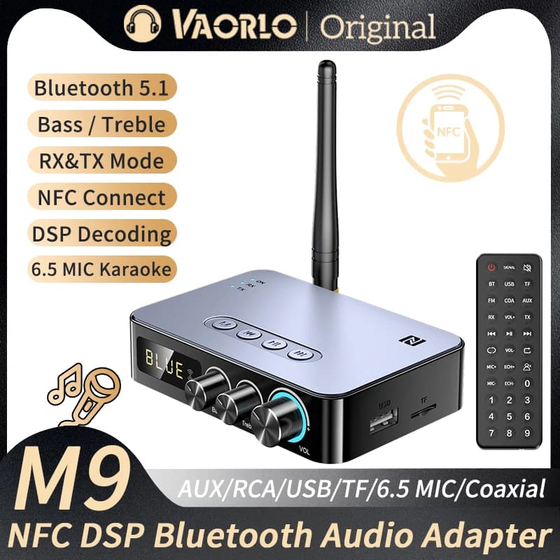 M9/M9Pro Ricevitore audio Bluetooth Trasmettitore Adattatore wireless DSP NFC/AUX/RCA/USB U-Disk/TF/6.5 Microfono Karaoke/Coassiale/Radio FM