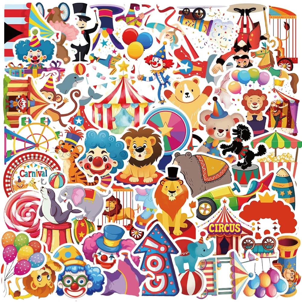 50 pezzi adesivi circo carnevale felice fai da te laptop bagagli telefono frigorifero notebook adesivo per auto cartone animato decalcomanie animali kawaii giocattolo