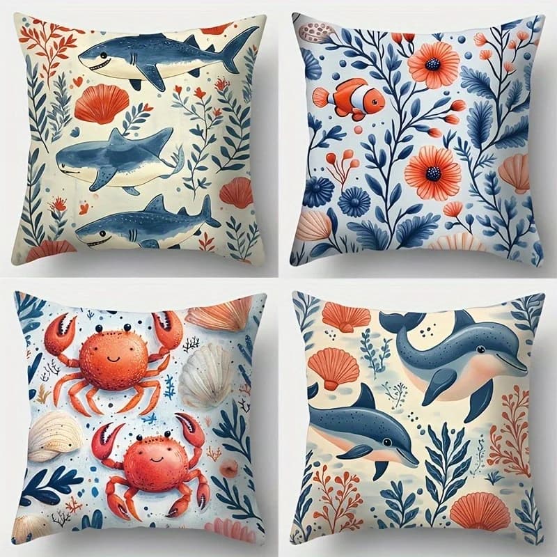 4 Piece Nautical Ocean Throw Pillow Cover Set Printed Polyester Home Decor Dolphin Sea Life Art Print Pillowcase Cushions