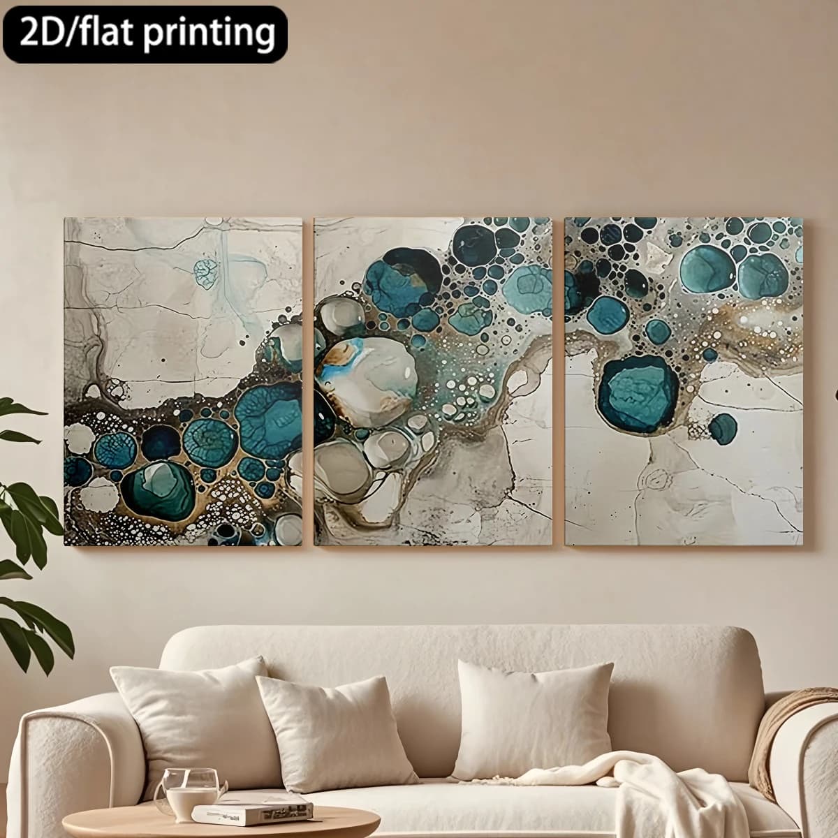 Decorative painting on canvas with wooden frame, 3 pieces, abstract art, green cream bubbles water. Hall decoration, living room.