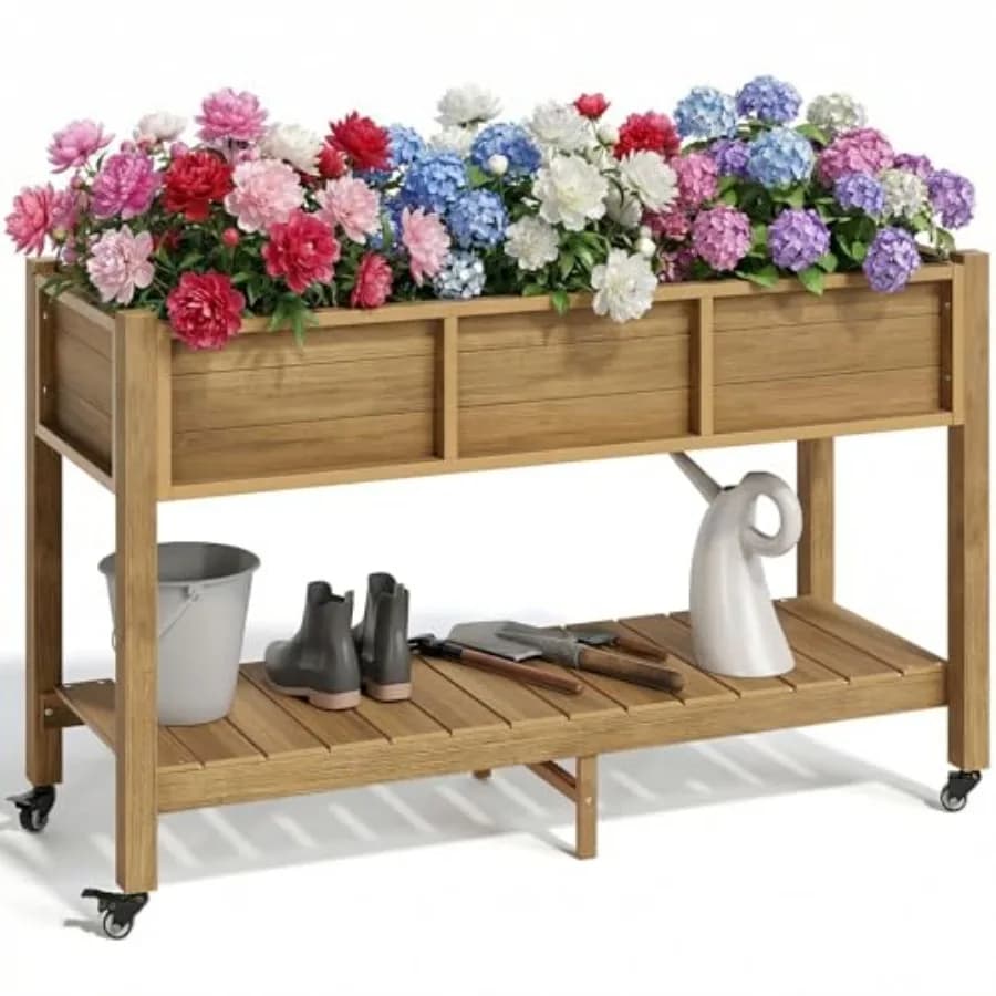 Flavored flower pot in HDPE 47x18x31 Marrone Effect Wood, weather resistant, with Wheels Lockable and shelf