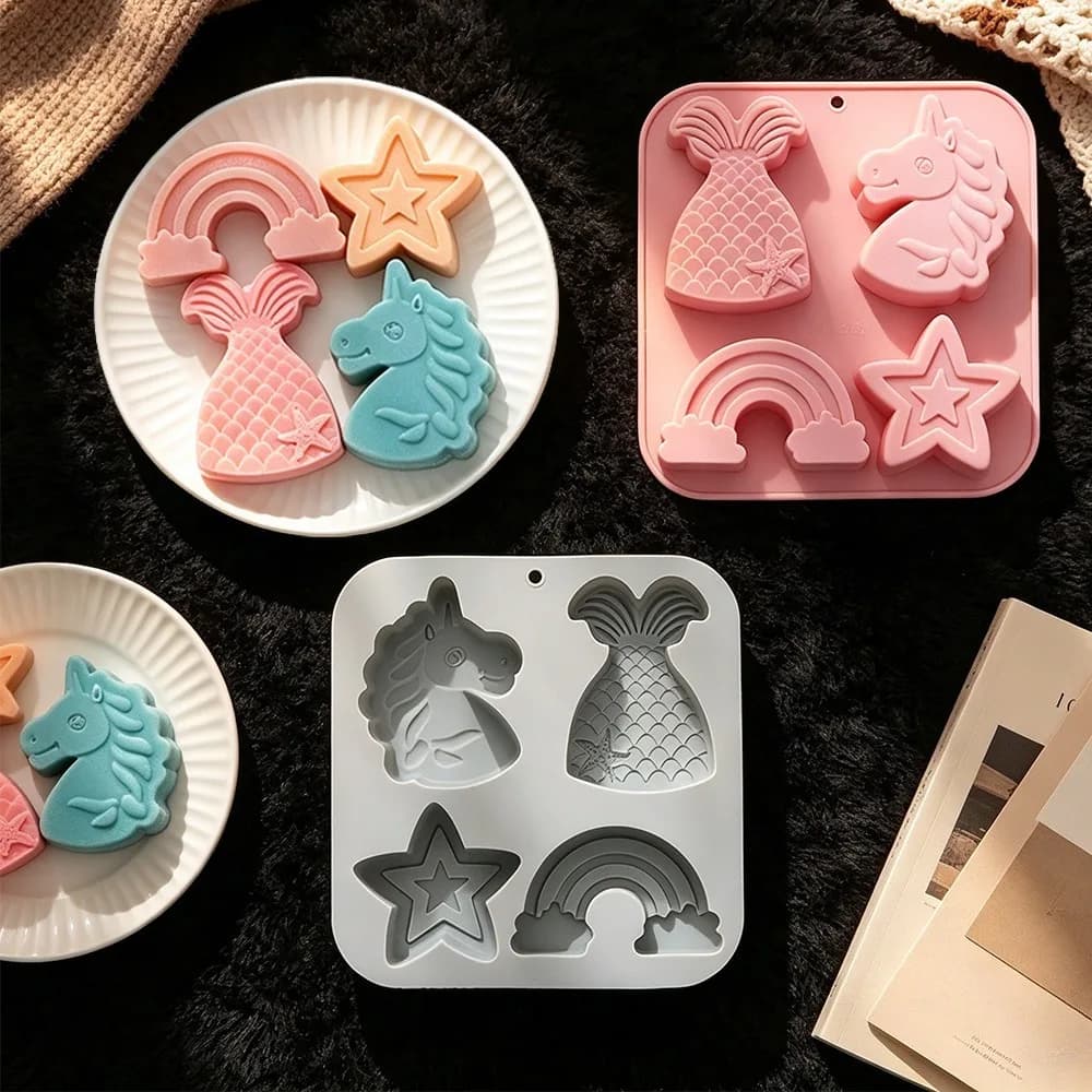 2pcs/set 4 Cavity Unicorn Rainbow Mermaid Tail Star Silicone Mold Candle Resin Soap DIY Fantasy Birthday Party Gift Home Decor