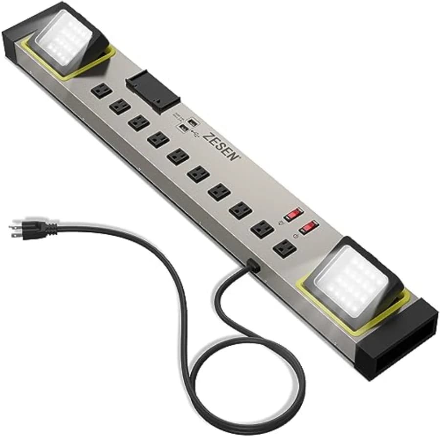 Multipresa da 10 Prese per Officina/Garage/Ufficio/Casa con Luce LED, Protezione da Sovratensione, Cavo da 1,2 Metri, Doppia Porta USB Intelligente, Nera, Certificata ETL