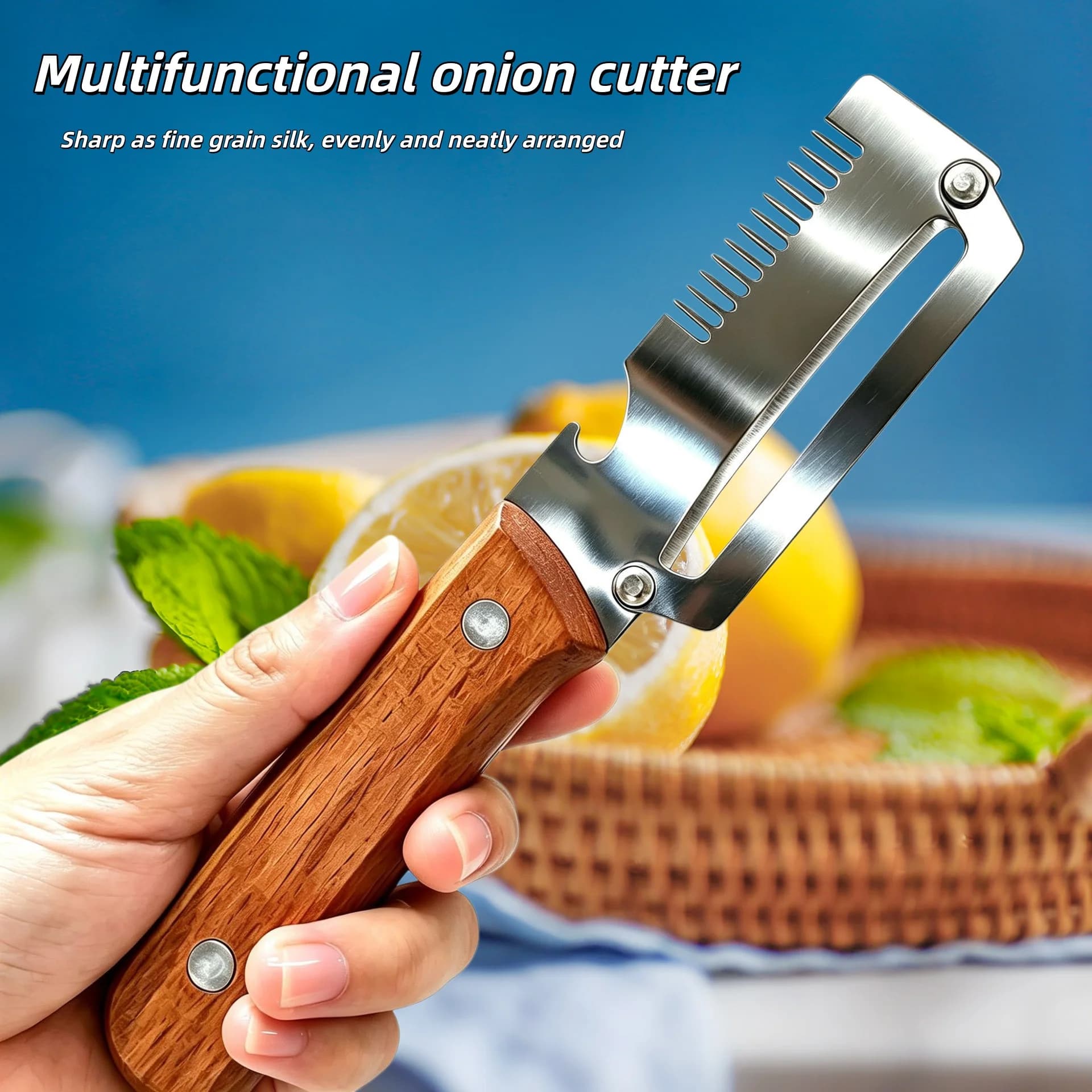Pelapatate 3-in-1 in acciaio inossidabile con manico in legno di quercia, per sbucciare, affettare cipolle, tagliare canna da zucchero e frutta (1/2/3/5 pezzi)