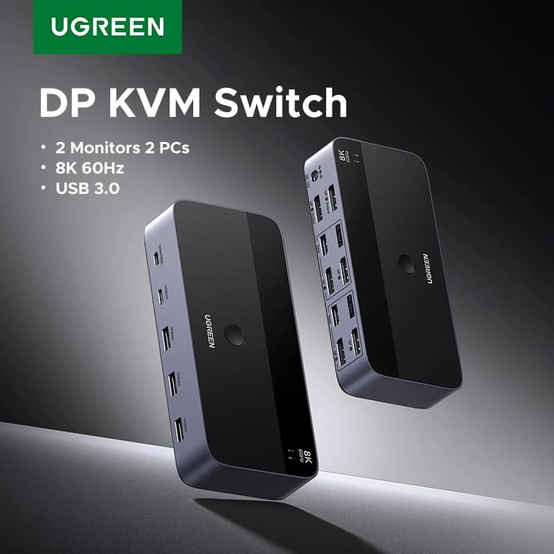 UGREEN DP KVM Switch 2 Monitor 2 PC 8K 60Hz USB 3.0 Condivisione Tastiera Mouse Monitor con HDR 3D per Laptop Desktop Stampante