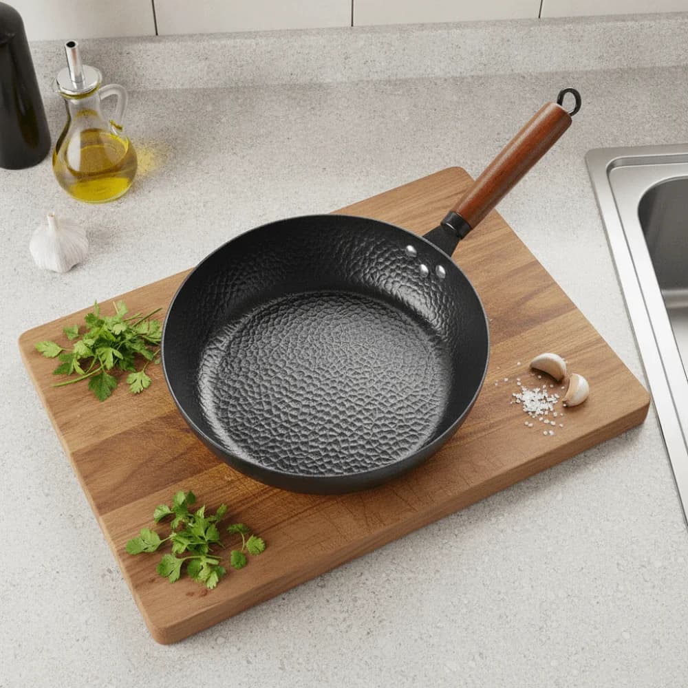 Non-stick Hammered Frying Pan Wooden Handle Uncoated Hammered Iron Wok Lightweight Corrosion-resistant Cooking Pot Breakfast