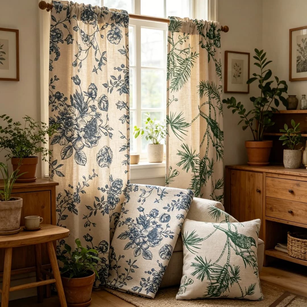 Cotton and Linen Fabric Tablecloth with Linen Print, Handicraft Fabric, Simple Curtains