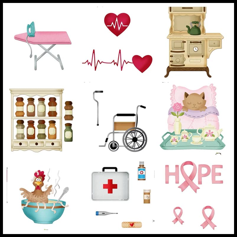 Fustelle in metallo per Scrapbooking e Biglietti d'Auguri, con motivi: Infermiera, Dottore, Ago, Cuore, Medicina, Zuppa di pollo, Salute. Senza timbro.