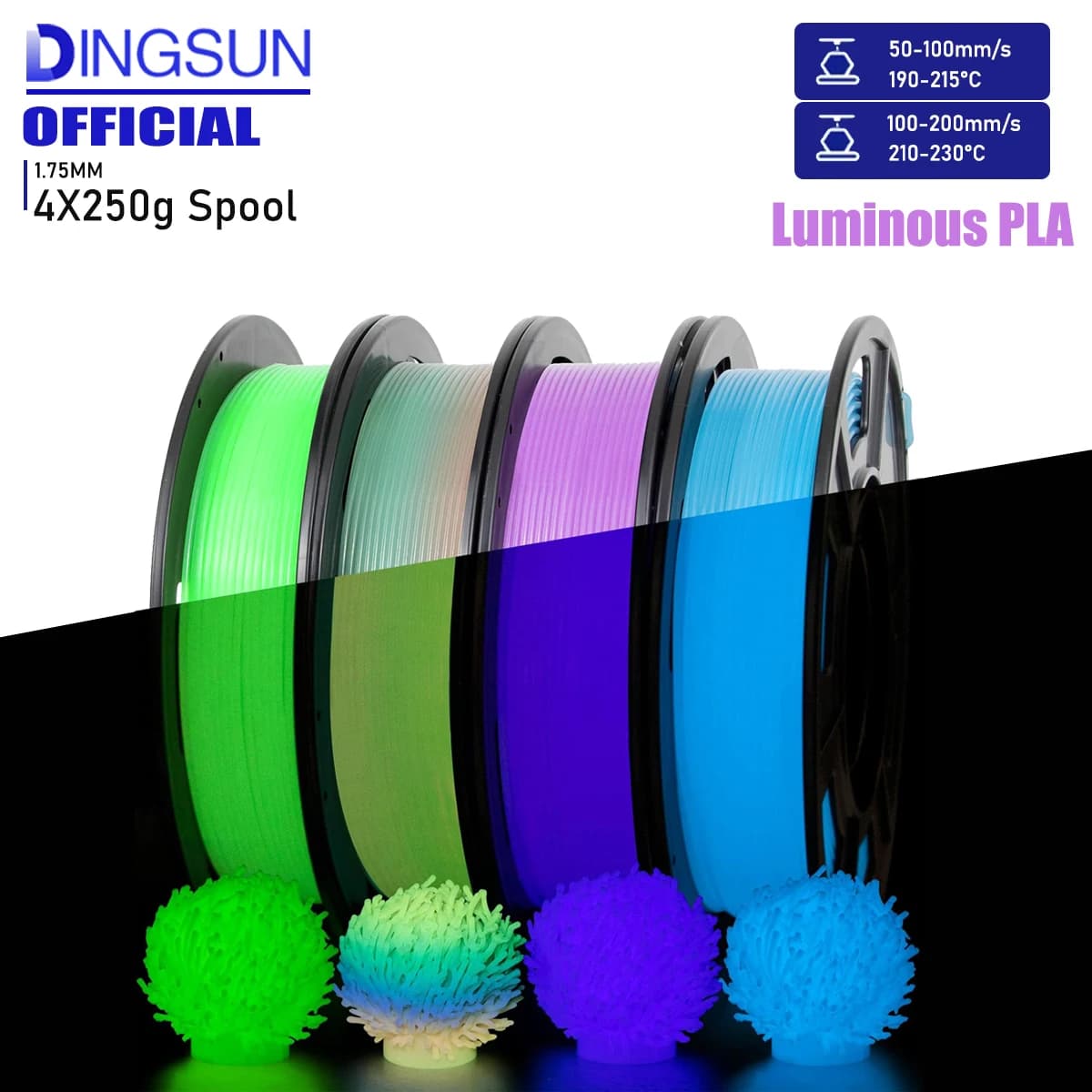 Filamento PLA Luminescente 1.75mm, Filamento Multicolore Luminoso per Stampante 3D Arcobaleno/Blu/Verde/Viola, Precisione +/-0.02mm