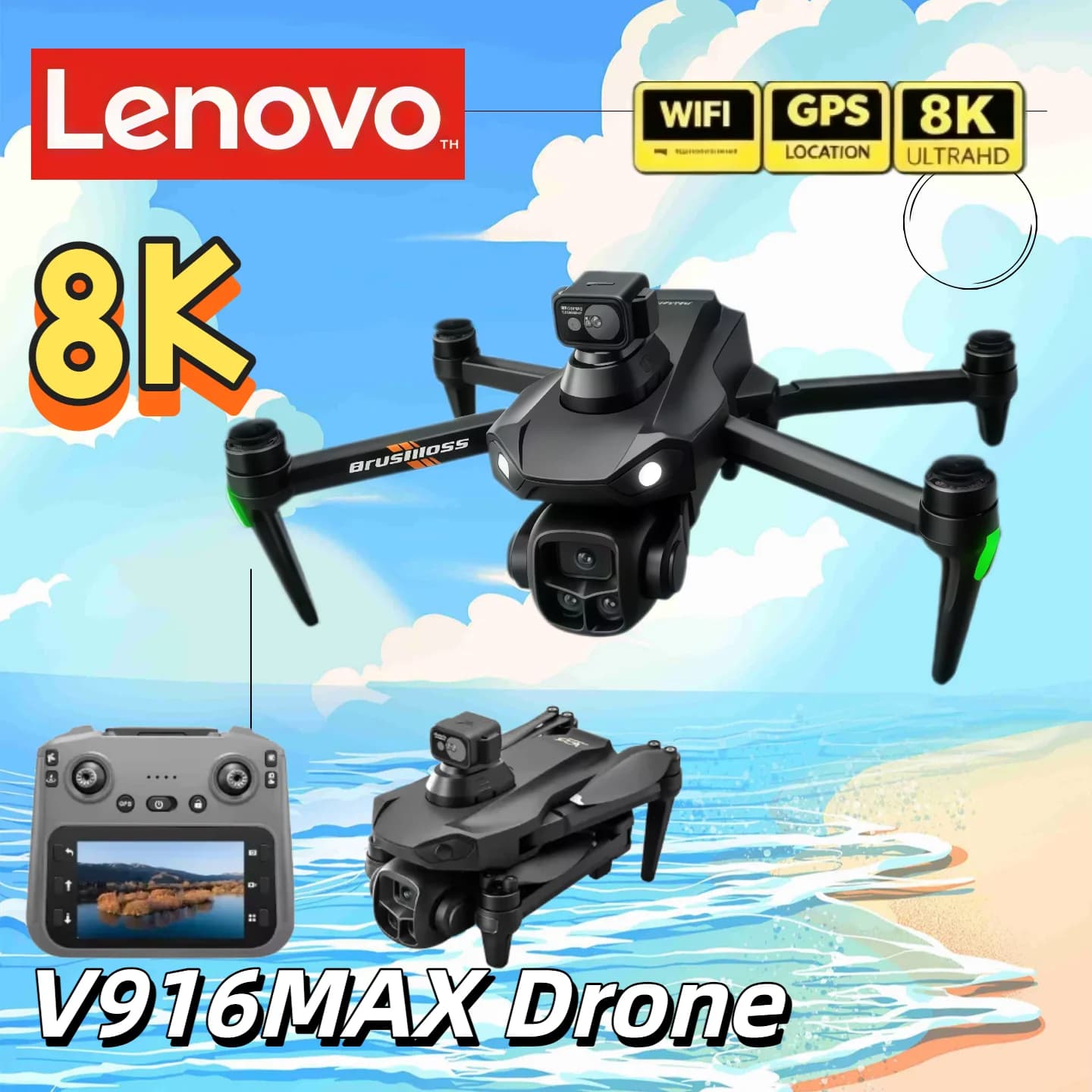 Drone Lenovo 5G WIFI FPV V916MAX 8K professionale con doppia fotocamera HD, telecomando con ampio schermo, quadricottero pieghevole RC.
