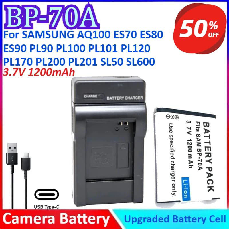 BP-70A 3.7V 1200mAh Camera Battery + Charger For SAMSUNG AQ100 ES70 ES80 PL90 PL101 PL120 PL170 PL200 PL201 SL50 SL600