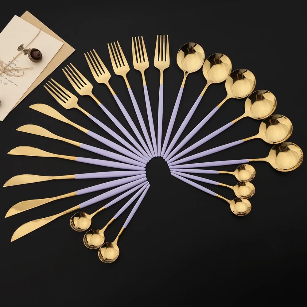 New Set of cutlery 24 pieces stainless steel crockery crockery purple gold knife fork spoon dinner cutlery kitchen cutlery