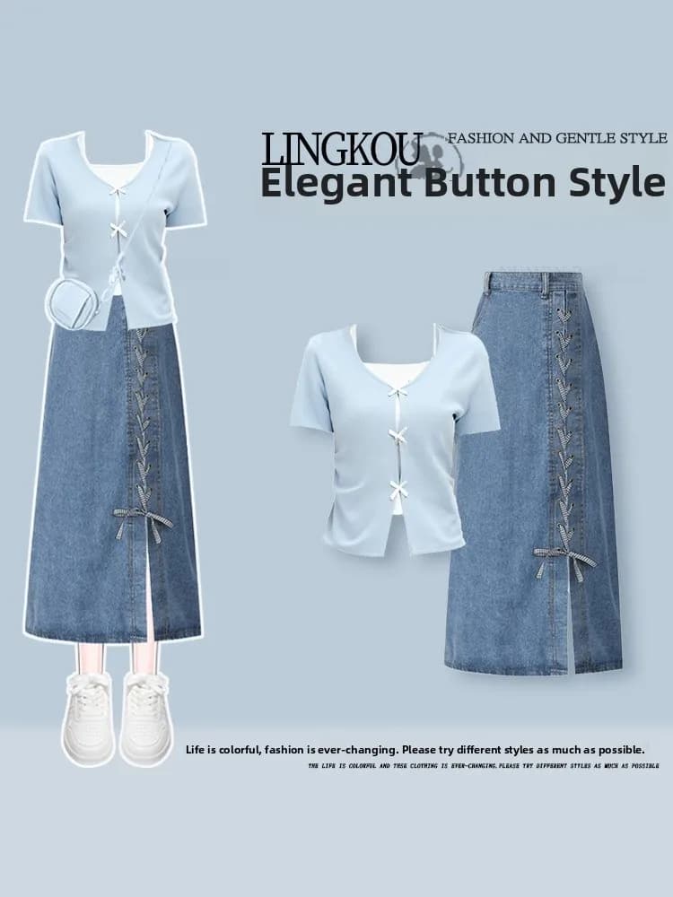 Completo estivo in stile coreano per il college: T-shirt da donna a vita alta con fiocco e gonna in denim, set due pezzi
