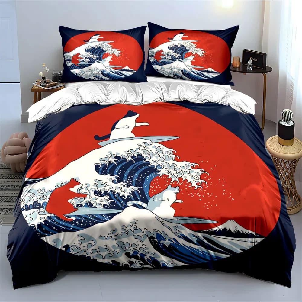 Set di biancheria da letto con motivo artistico "Cat Surfing Art Decor Set" con 1 copripiumino e 2 federe, singolo, matrimoniale, king size, queen size, idea regalo