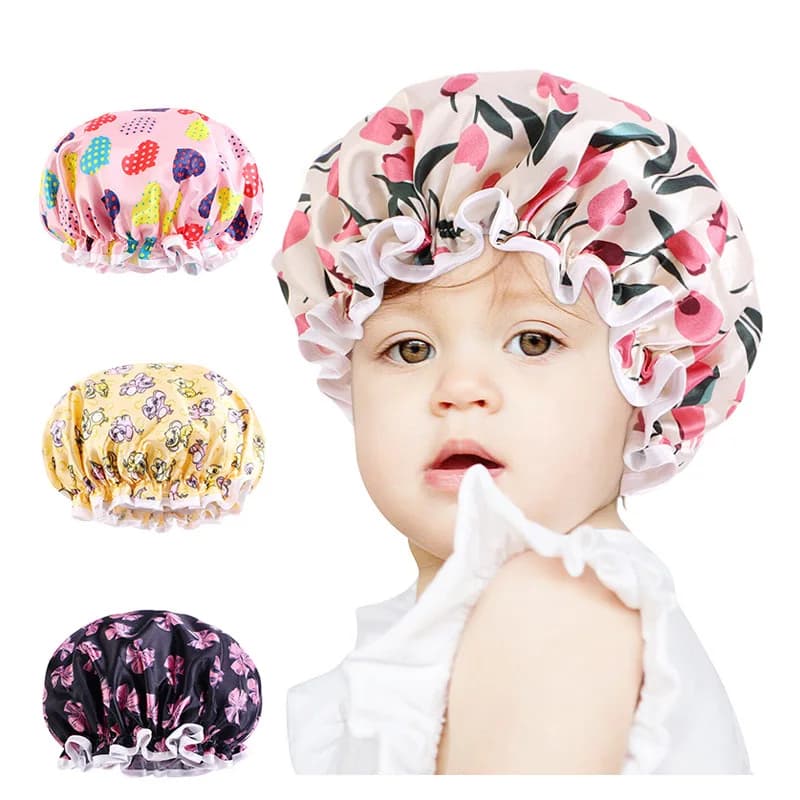 3 pcs waterproof bathroom headset for kids silk satin head bath hat with print cartoons for girls hair protection waterproof PE head to swim