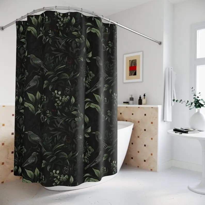 Tenda da doccia gotica Raven - Design botanico floreale in tela stravagante, arredamento per il bagno Dark Academia Witchy