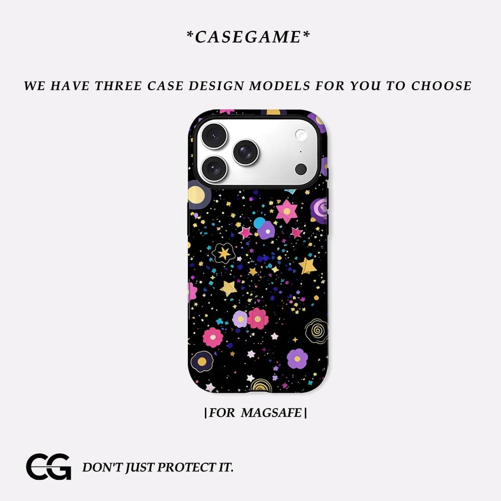 Casegame Cover Opaca Antiurto per iPhone 17 16 15 14 Plus 13 Pro Max con Bumper per MagSafe, in PC Rigido, Effetto Coriandoli Stellari Cosmici