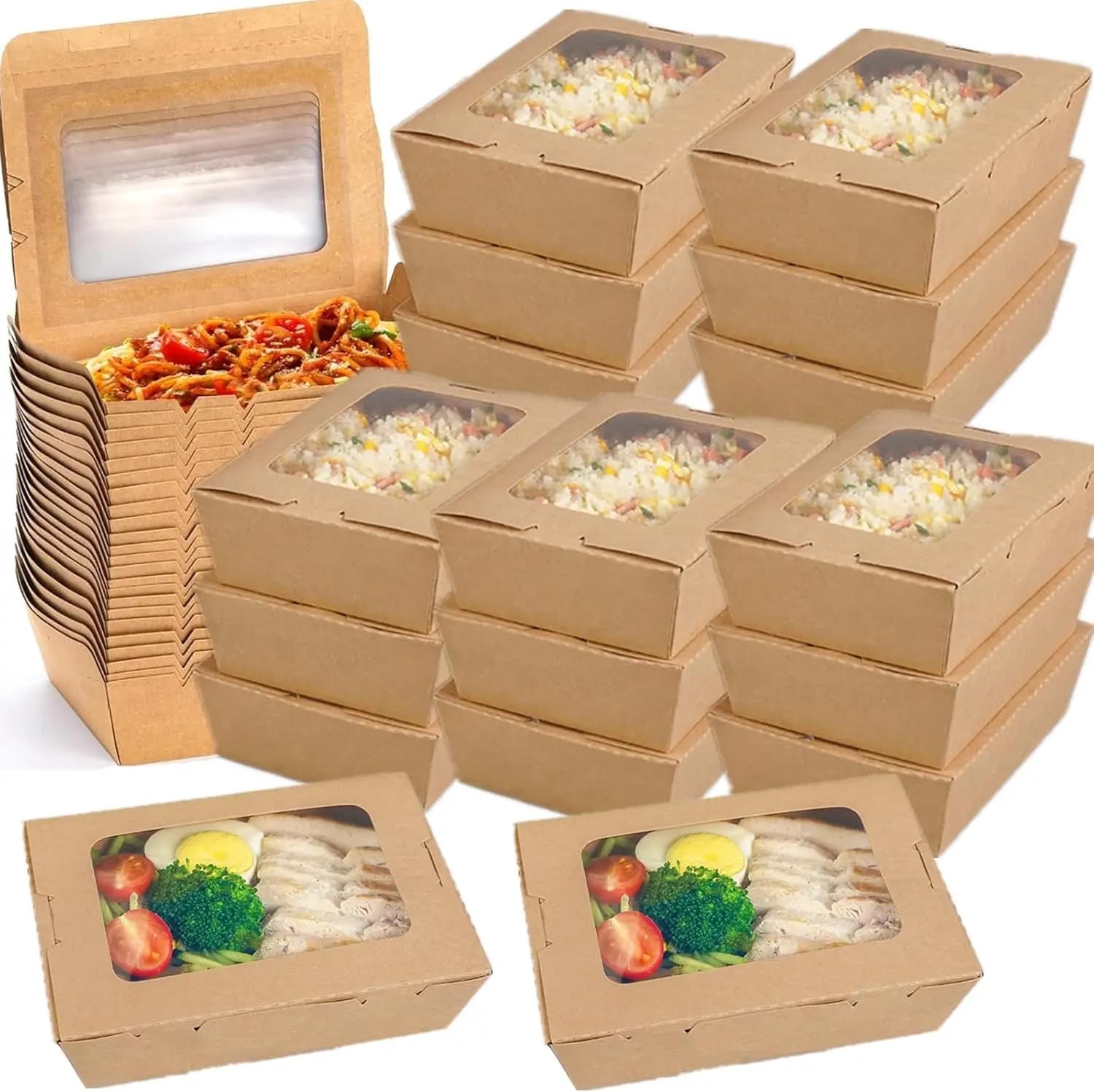 Confezione da 50 Scatole da Asporto in Carta Kraft da 40 oz con Finestra, Contenitori Pieghevoli per Catering, Ristoranti, Preparazione Pasti