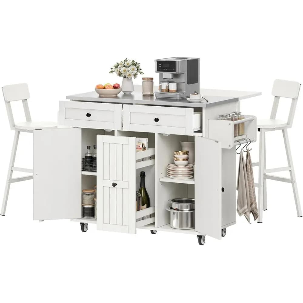 Isola da Cucina Grande Bianca con Piano Ribaltabile, Spazio di Stoccaggio, Posti a Sedere, Armadietti, Sgabelli da Bar, Portasciugamani e Portaspezie