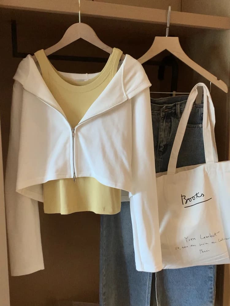 Women's Short Zipper Hoodie Knitted Cardigan Long Sleeve Loose Casual Early Autumn White Top Commute Style Fashion Trend