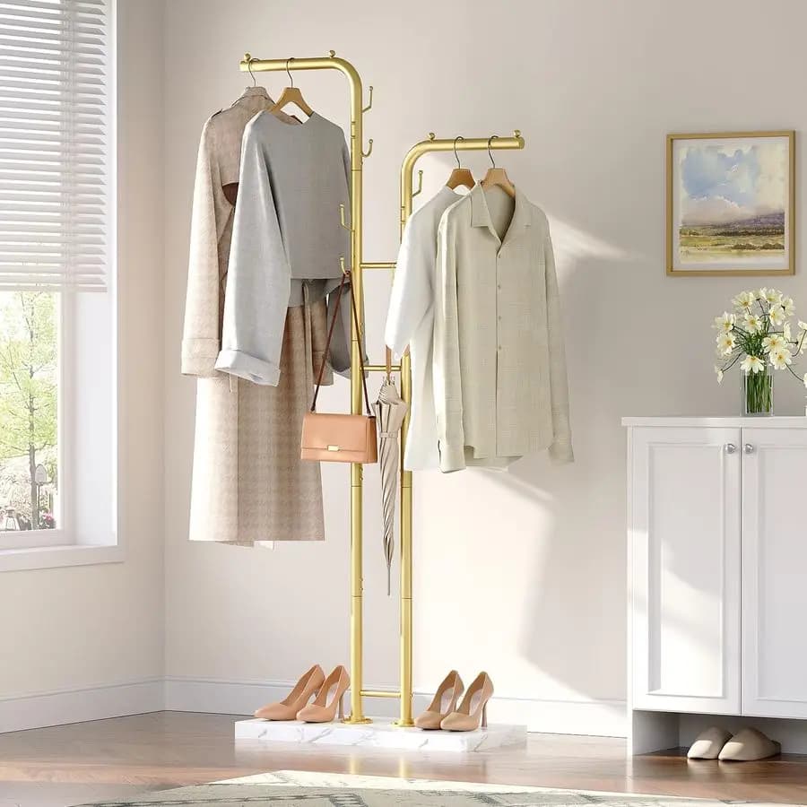 Ground hanger, entrance clothes stand with 8 hooks and marble effect base, modern coat hanger in double rod metal