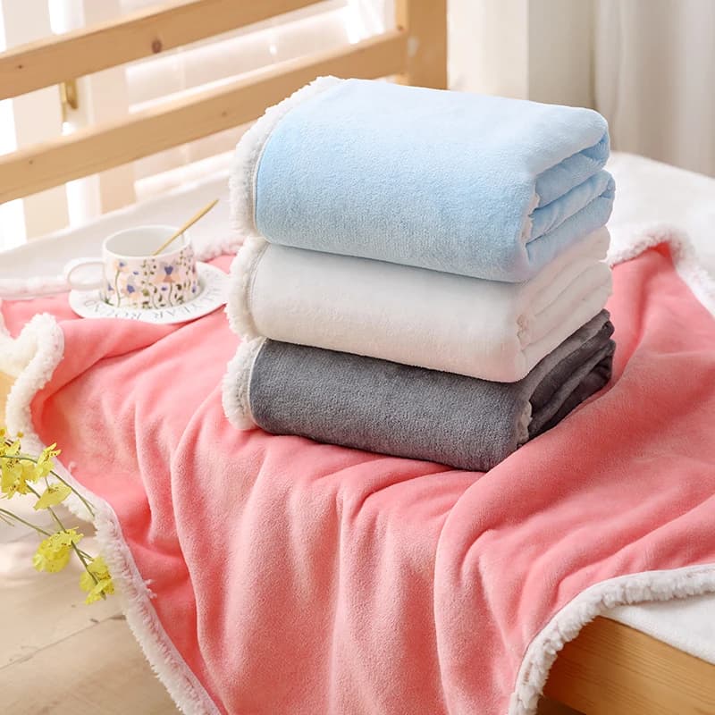 Solid color double-layer blanket, soft and fluffy for comfort, long plush thickened warm air conditioning blanket cover