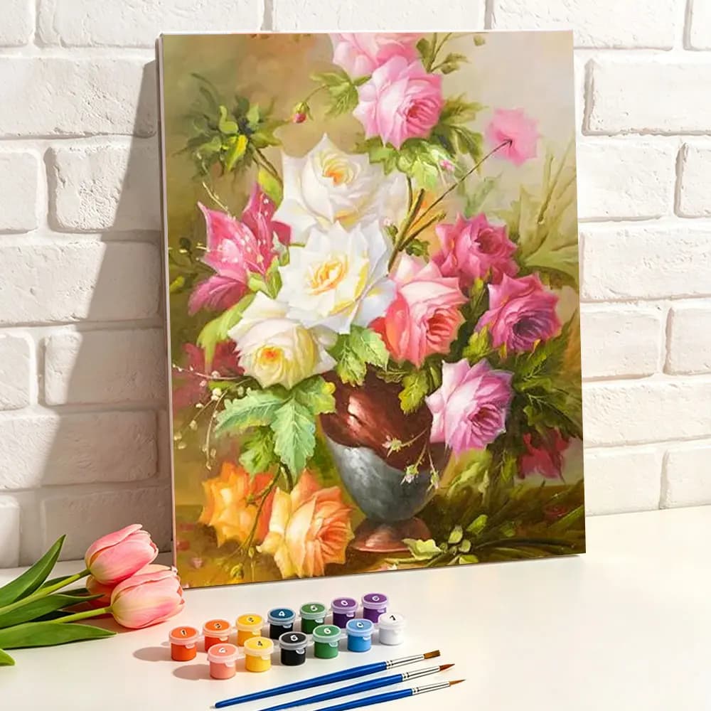 Oil Painting By Numbers Paint By Numbers On Canvas Pink And White Roses Flower Coloring By Numbers Picture For Bedroom Wall