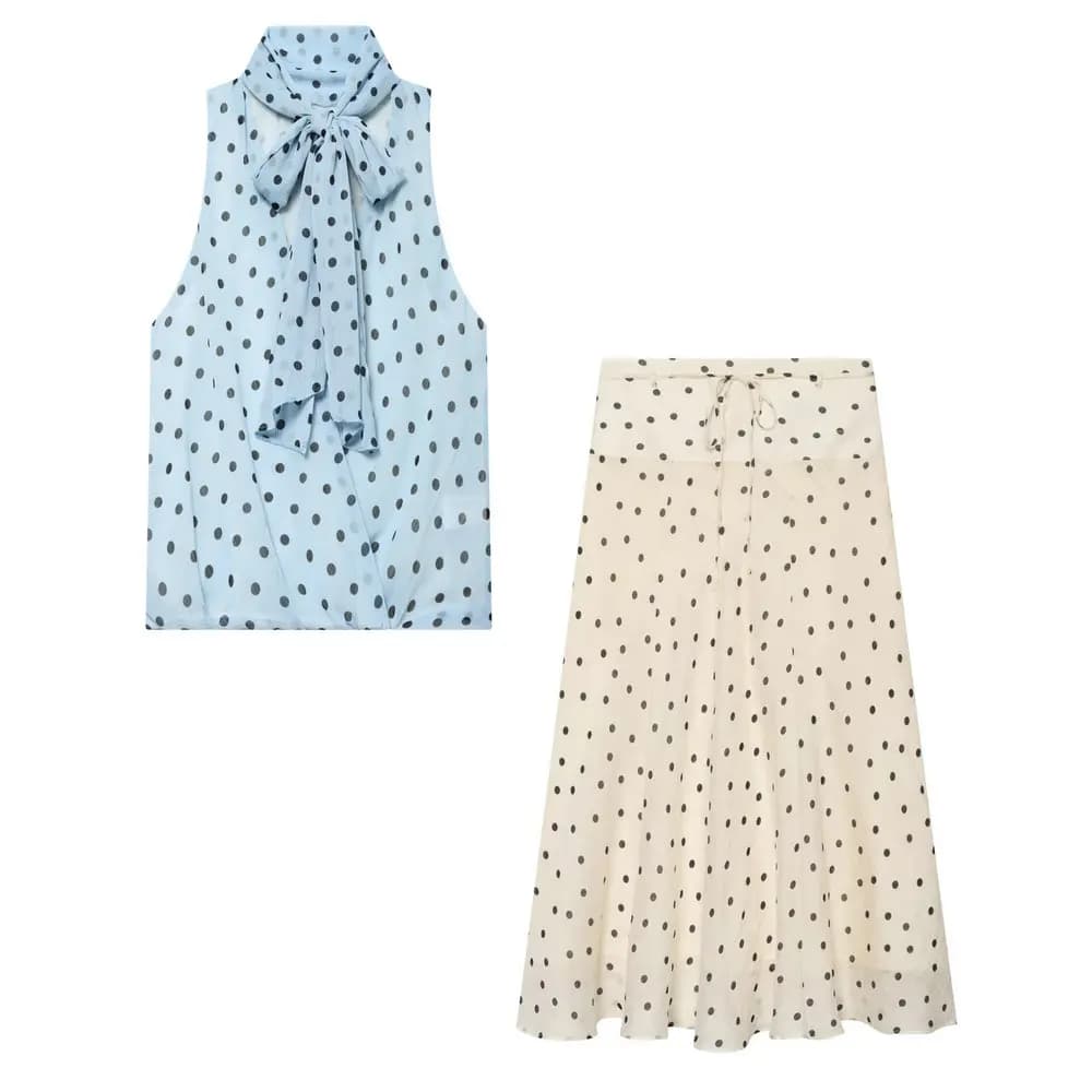 2026 Women's European Elegant Blue Chiffon Polka Dot Halter Tank Blouse Tops Lady Vintage A-line Ruffles Lace-up Midi Skirt Sets
