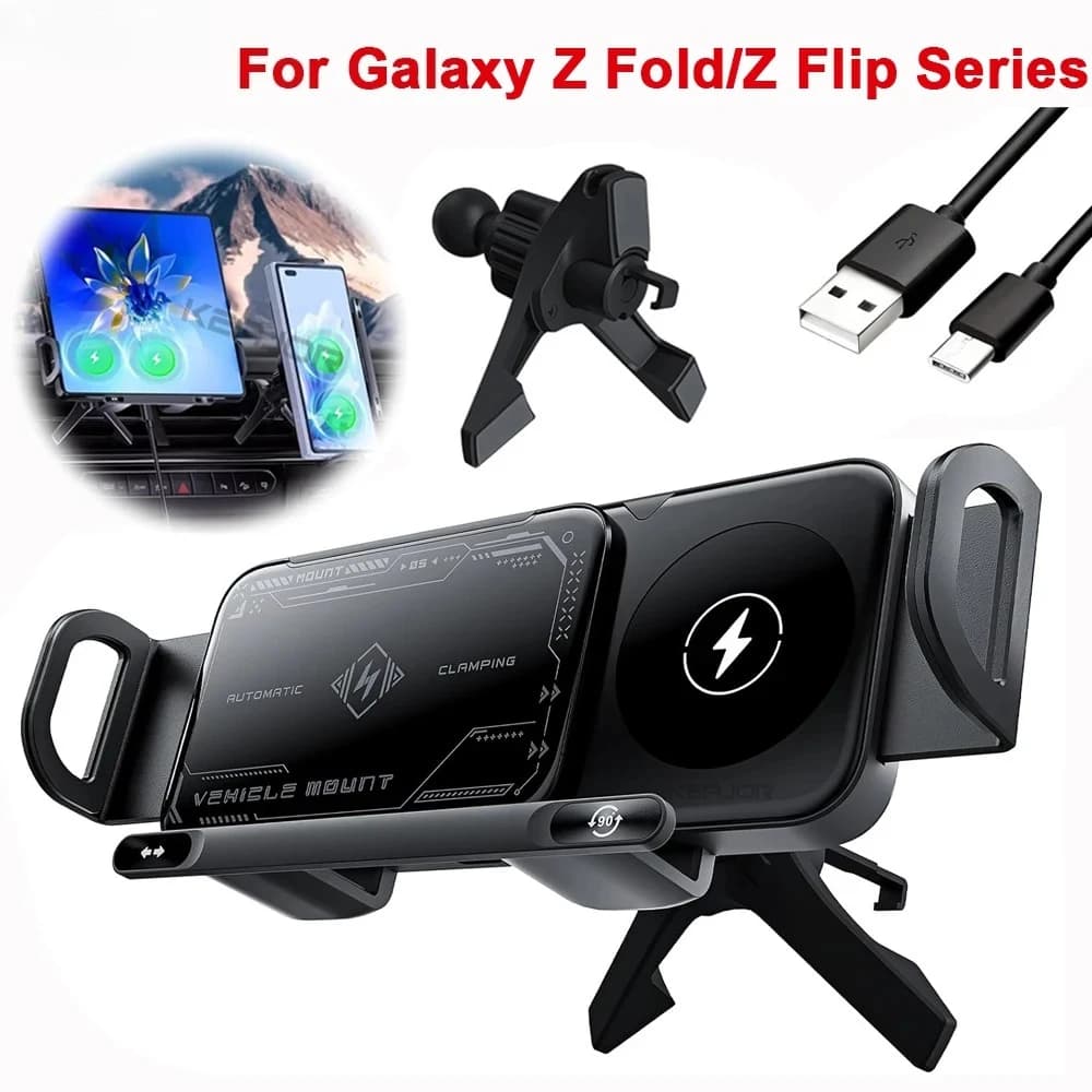 Car Wireless Charger Dual Coil Fold Screen Phone Fast Charging for Samsung Galaxy Z Fold 5 6 Flip 3 4 Air Vent Car Phone Holder