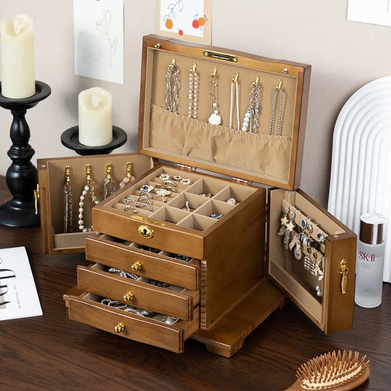 Retro Style Wood Jewelry Box Carved Multi-layer Storage for Earrings Rings Necklaces Hand Accessories Customizable