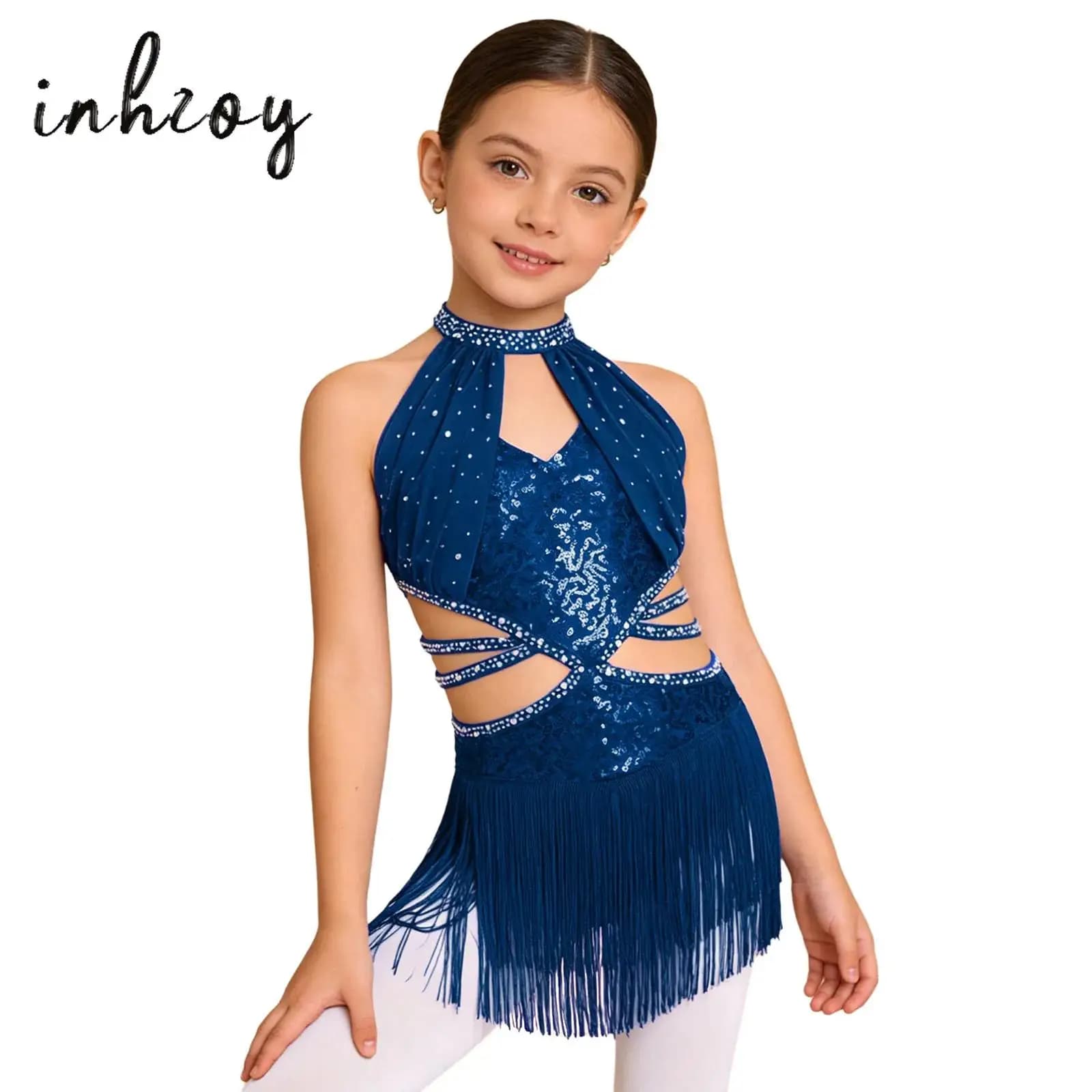 Body da ballo per bambine con frange e strass, senza maniche, con nappe, per pattinaggio artistico, tango, samba, latino, jazz